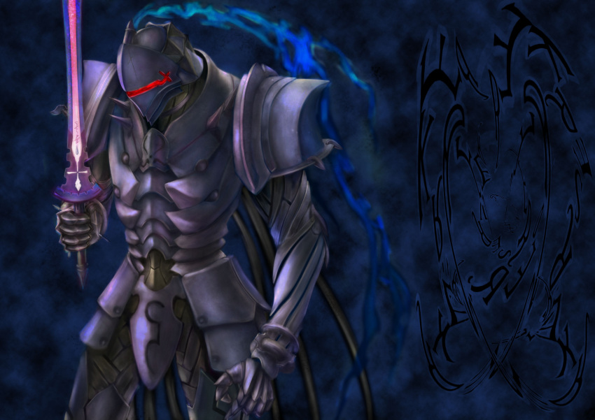absurdres armor arondight berserker_(fate/zero) blue_background fate/stay_night fate/zero fate_(series) full_armor helmet highres male solo sword weapon yuusu
