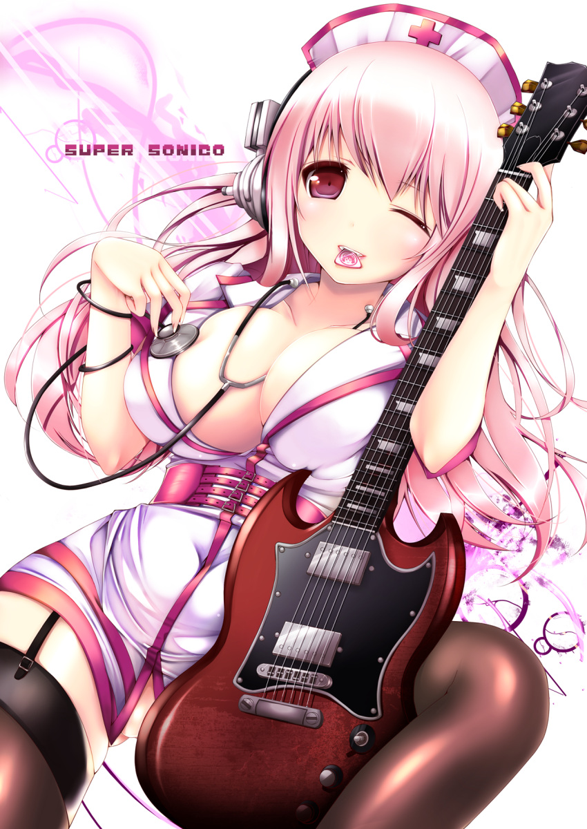 between_breasts breasts character_name cleavage electric_guitar garter_straps guitar hat headphones highres huge_breasts instrument long_hair mouth_hold nitroplus nurse nurse_cap pink_eyes pink_hair plectrum solo sonico stethoscope super_sonico thigh-highs thighhighs wink yuncha