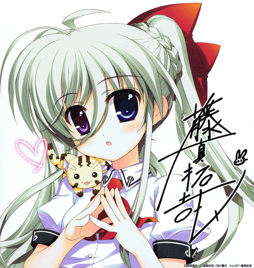 :o asteion blue_eyes braid bust cat einhart_stratos fujima_takuya green_hair heart highres long_hair looking_at_viewer lyrical_nanoha mahou_shoujo_lyrical_nanoha mahou_shoujo_lyrical_nanoha_vivid official_art open_mouth ponytail scan solo steepled_fingers
