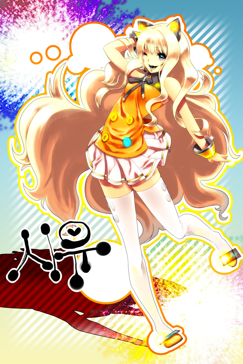 absurdres animal_ears bad_id blonde_hair blue_eyes bracelet headset highres jewelry long_hair open_mouth seeu shiroro skirt smile solo symbol-shaped_pupils thigh-highs thighhighs very_long_hair vocaloid white_legwear zettai_ryouiki