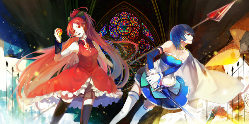 apple bad_id bare_shoulders black_legwear blue_eyes blue_hair bow detached_sleeves fence food fruit hair_bow long_hair magical_girl mahou_shoujo_madoka_magica miki_sayaka mouth_hold multiple_girls nineo open_mouth pocky polearm ponytail red_eyes red_hair redhead sakura_kyouko short_hair skirt smile spear stained_glass sword thigh-highs thighhighs weapon