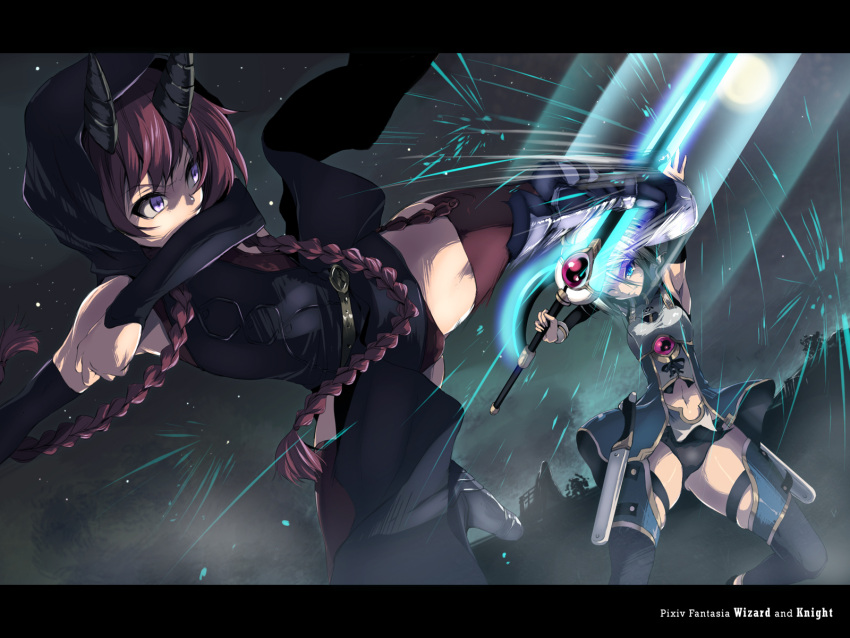 blue_eyes braid detached_sleeves fukai_ryousuke highres hood horns kicking letterboxed long_hair multiple_girls pixiv_fantasia pixiv_fantasia_wizard_and_knight purple_eyes red_hair redhead silver_hair sparks sword twin_braids violet_eyes wallpaper weapon wince wink