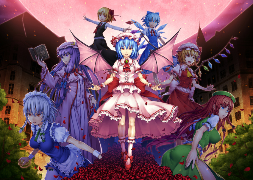 aka_(shoumae) ascot ass bat_wings blonde_hair blue_eyes blue_hair bobby_socks book bow braid breasts brooch cirno cravat crescent dress erect_nipples flandre_scarlet flower footwear full_moon hair_bow hat hat_ribbon hong_meiling impossible_clothes impossible_clothing izayoi_sakuya jewelry leaning_forward long_hair maid maid_headdress moon multiple_girls nail_polish neck_ribbon necktie open_mouth outstretched_arms patchouli_knowledge payot pocket_watch purple_eyes purple_hair red_eyes red_hair red_moon red_rose redhead remilia_scarlet ribbon robe rose rumia short_hair silver_hair skirt skirt_set smile smug socks spread_arms stopwatch striped the_embodiment_of_scarlet_devil thigh-highs thighhighs touhou tree twin_braids vertical_stripes vest violet_eyes watch white_legwear wings wrist_cuffs youkai