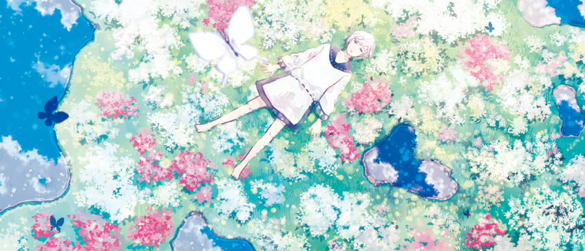 amemura barefoot blue_eyes butterfly cloud flower lying on_back original puddle reflection short_hair solo water white_hair