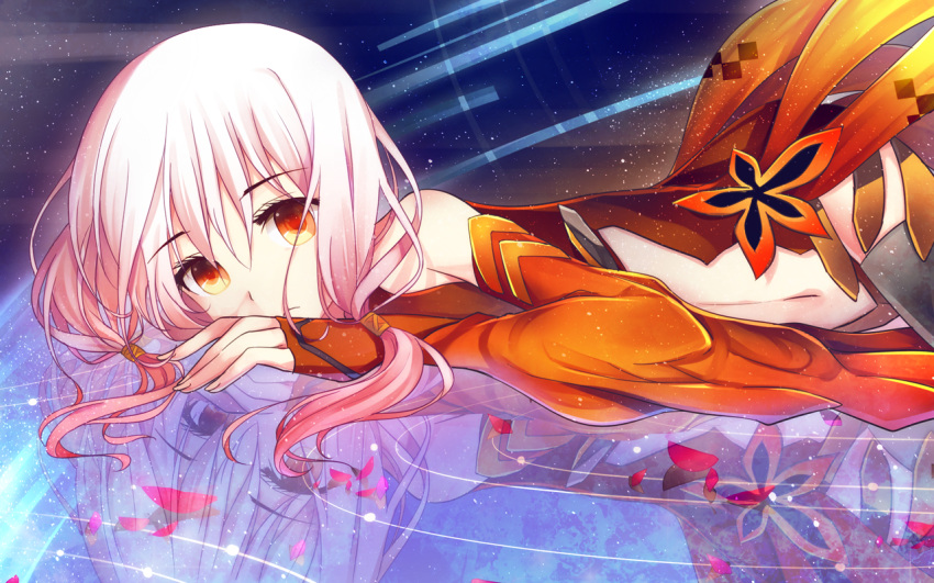 bisonbison black_legwear breasts center_opening detached_sleeves fingerless_gloves gloves guilty_crown hair_ornament hairclip long_hair looking_at_viewer lying navel on_stomach petals pink_hair red_eyes reflection ripples solo thigh-highs thighhighs twintails yuzuriha_inori