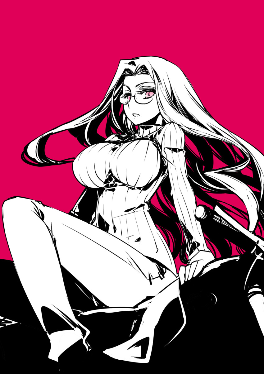 breasts fate/stay_night fate_(series) glasses high_contrast highres ishida_akira large_breasts long_hair monochrome motor_vehicle motorcycle pink_background rider simple_background solo spot_color vehicle very_long_hair