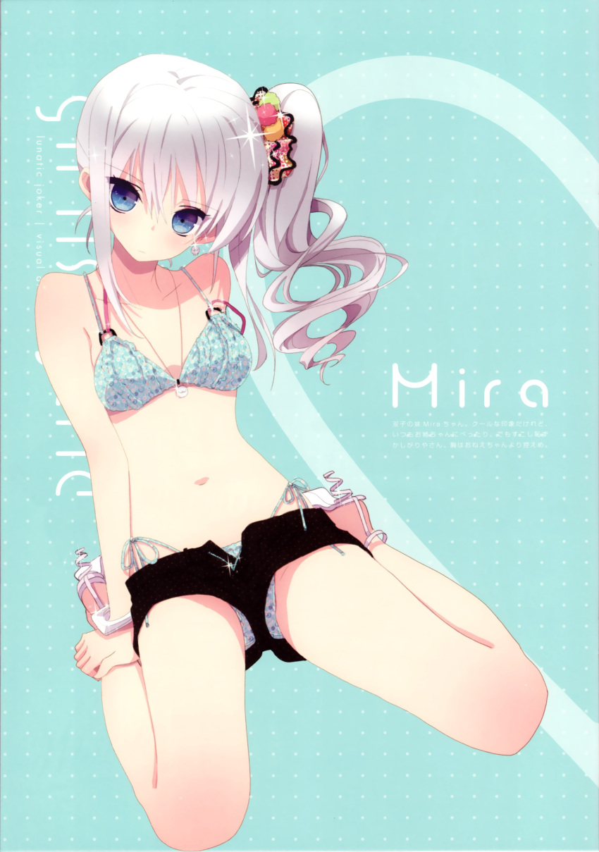 arm_support bare_shoulders bikini blue_eyes boyshorts bracelet copyright_request curly_hair earrings high_heels highres jewelry navel open_shoes pendant polka_dot sandals scrunchie shoes side-tie_bikini side_ponytail silver_hair sitting solo sparkle strap_slip swimsuit swimsuit_under_clothes tsukigami_runa wariza