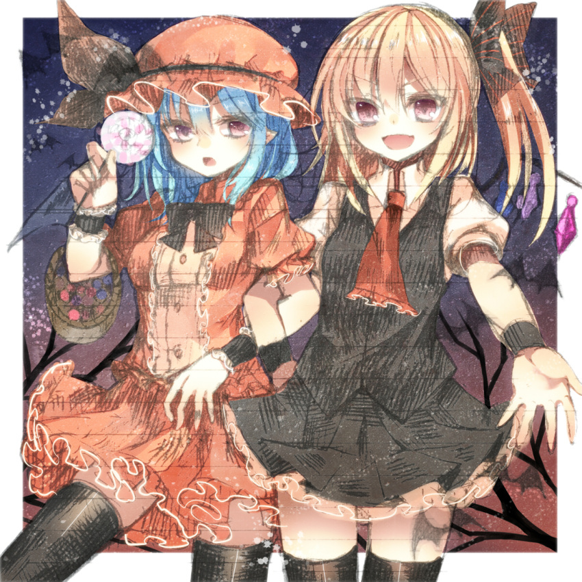 ascot basket bat bat_wings black_legwear blonde_hair blue_hair bow candy cosplay flandre_scarlet graphite_(medium) hair_bow halloween hat hat_ribbon highres kanzaki_maguro locked_arms lollipop mixed_media multiple_girls no_hat no_headwear open_mouth pointy_ears red_eyes remilia_scarlet ribbon rumia rumia_(cosplay) shirt siblings side_ponytail sisters skirt skirt_set smile thigh-highs thighhighs touhou traditional_media vest wings wrist_cuffs wrist_ribbon zettai_ryouiki