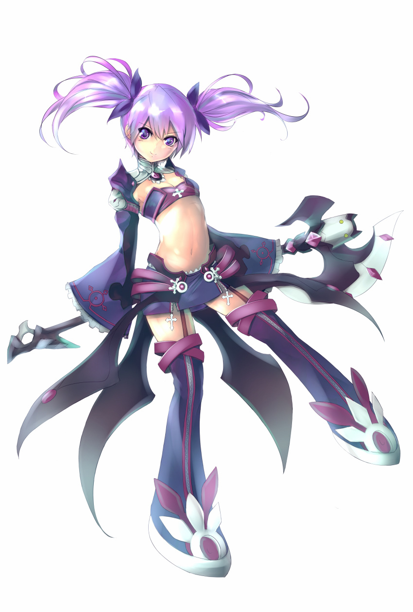 absurdres aisha_(elsword) aqn_(masamune) boots breasts detached_sleeves elsword flat_chest highres midriff navel purple purple_eyes purple_hair purple_legwear short_hair skirt small_breasts smile solo staff taut_shirt thigh-highs thigh_boots thigh_strap thighhighs tubetop twintails violet_eyes white_background