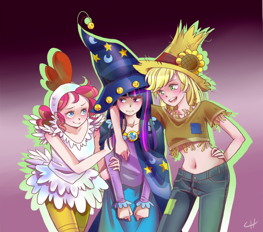 applejack author-chan bell blonde_hair blue_eyes cape chicken chicken_costume costume crescent dress frown green_eyes halloween hand_on_hip hat hips human long_hair multiple_girls my_little_pony my_little_pony_friendship_is_magic navel personification pink_hair pinkie_pie purple_eyes purple_hair scarecrow smile star twilight_sparkle violet_eyes wizard_hat