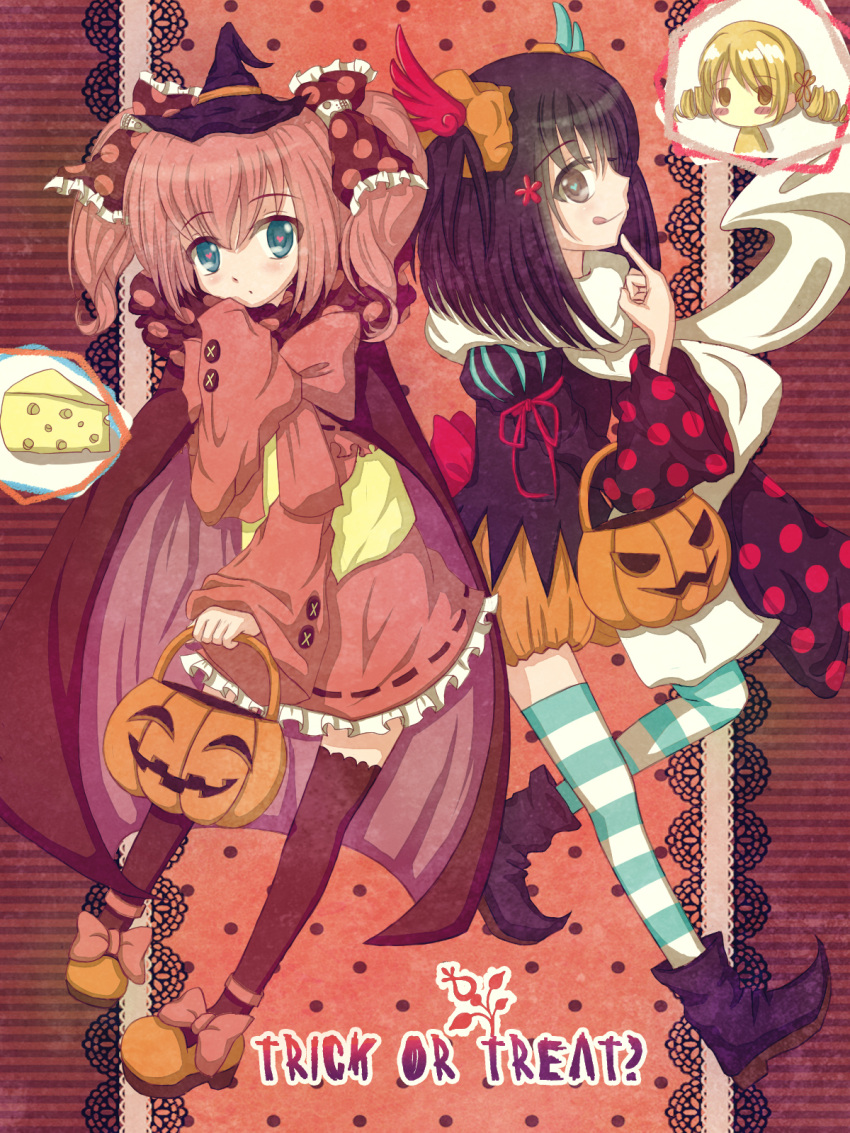 :q black_eyes black_hair black_legwear boots cape charlotte_(madoka_magica) cheese daffobird dress dual_persona green_eyes hair_ornament hair_ribbon halloween hat heart heart-shaped_pupils highres jack-o'-lantern jack-o'-lantern mahou_shoujo_madoka_magica mary_janes multiple_girls personification pink_background pink_hair puffy_sleeves pumpkin ribbon shoes short_twintails sleeves_past_wrists smile striped striped_legwear symbol-shaped_pupils thigh-highs thighhighs tomoe_mami tongue trick_or_treat twintails witch_hat