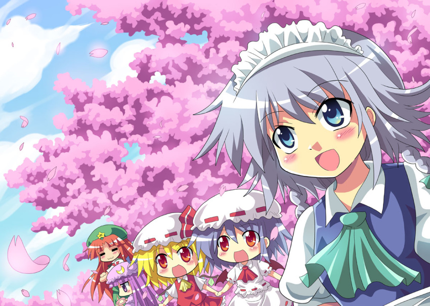 &gt;_&lt; :3 =_= apron ascot bat_wings blonde_hair blue_eyes blue_hair blue_sky blush braid cherry_blossoms chibi closed_eyes colonel_aki flandre_scarlet game_boy_advance gaming hat holding_hands hong_meiling izayoi_sakuya long_hair maid maid_headdress multiple_girls open_mouth patchouli_knowledge petals playing_games purple_eyes purple_hair red_eyes red_hair redhead remilia_scarlet short_hair silver_hair sky smile touhou tree twin_braids violet_eyes wings