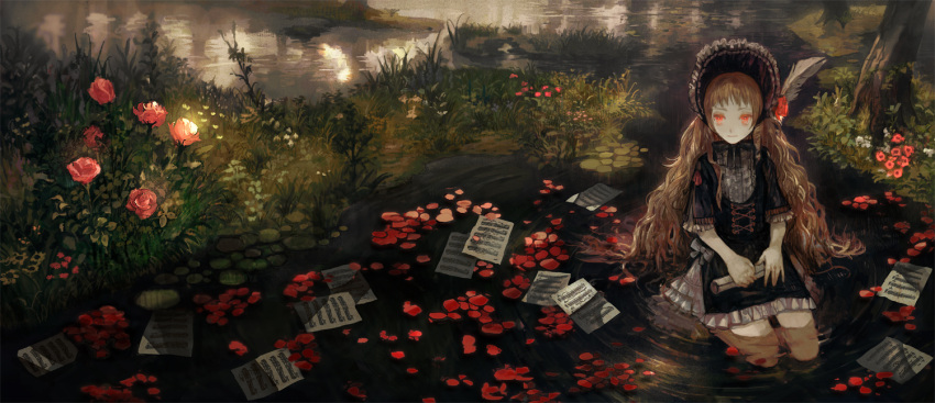 album_cover bonnet brown_hair chibi_(shimon) cover dress feathers flower grass kneeling lily_pad long_hair nature original paper partially_submerged petals plant red_eyes ribbon scenery sheet_music solo tree very_long_hair water