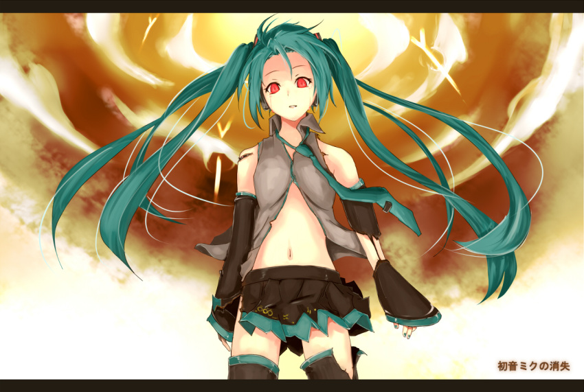 android aqua_hair cloud detached_sleeves hatsune_miku hatsune_miku_no_shoushitsu_(vocaloid) headphones letterboxed long_hair navel necktie noraneko red_eyes skirt sky solo spring_onion tears thighhighs torn_clothes twintails very_long_hair vocaloid