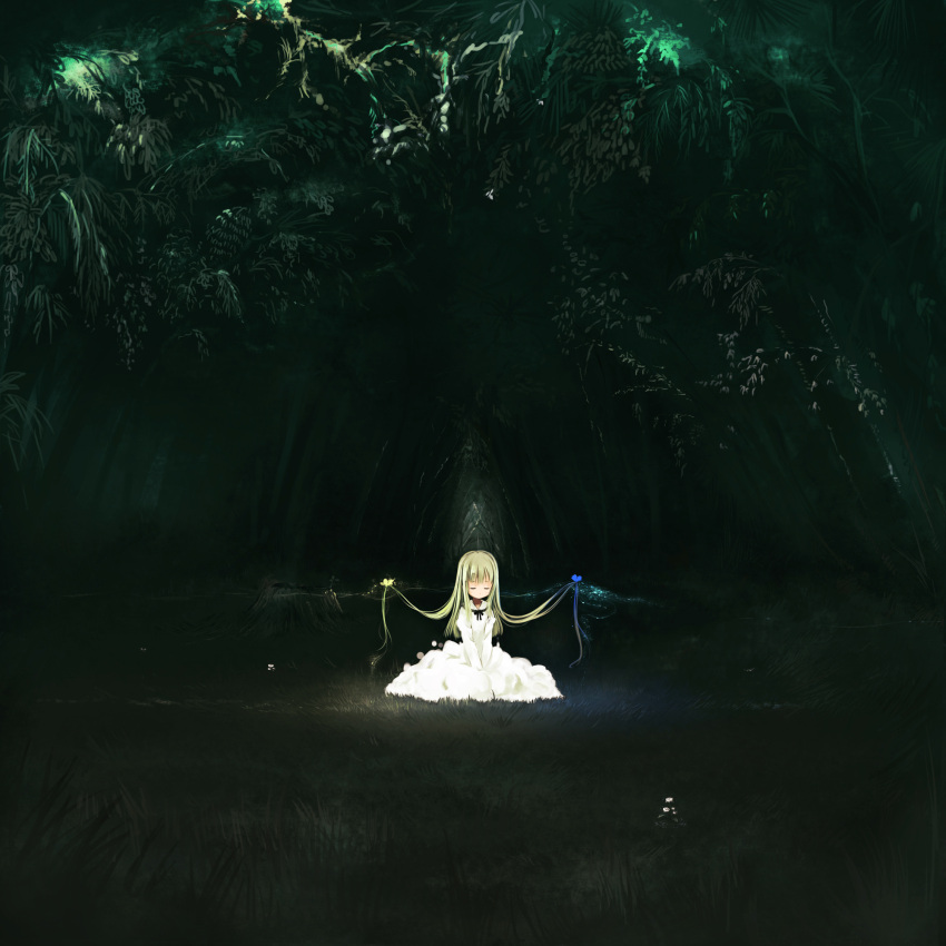 blonde_hair butterfly closed_eyes dark dress eyes_closed forest glowing grass highres long_hair nature on_ground original sitting solo v_arms white_dress