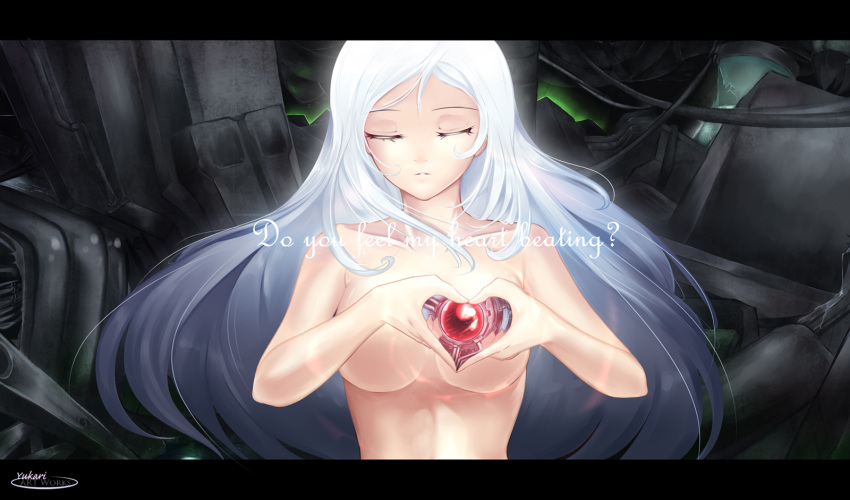 bare_shoulders closed_eyes collarbone english eyes_closed heart heart_hands highres jinkou_tenshi letterboxed long_hair original solo topless white_hair