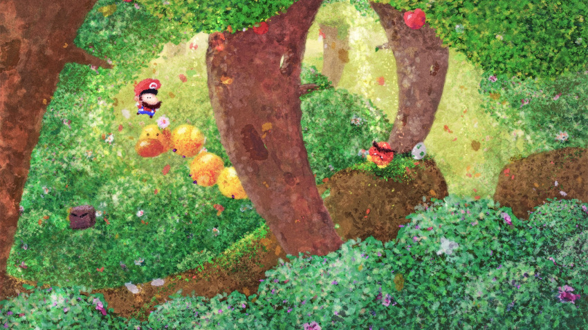 apple character_request egg flower food forest fruit goomba highres mario nature nintendo orioto scenery super_mario_bros. thwomp tree wiggler yoshi_egg