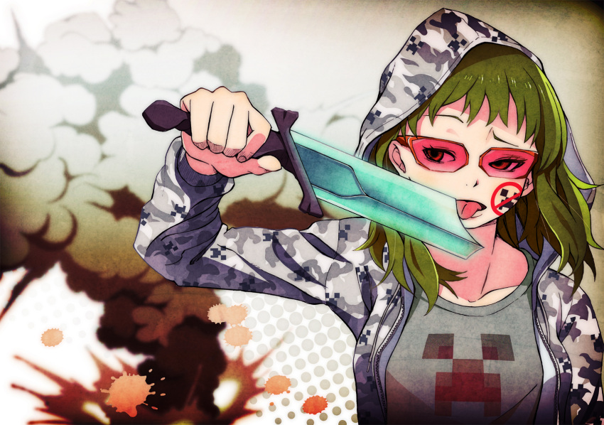 creeper crossover explosion glasses green_hair gumi highres hoodie kazufumi_(kaz-newt) licking minecraft red_eyes short_hair solo sword tongue vocaloid weapon