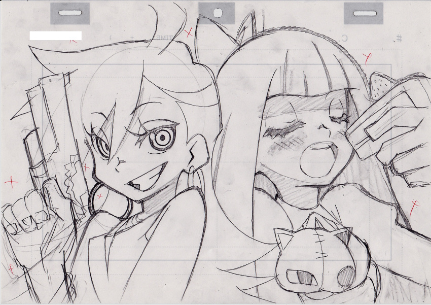closed_eyes eyes_closed graphite_(medium) grin highres kiyukiyutan monochrome multiple_girls official_art official_style panty_&amp;_stocking_with_garterbelt panty_(character) panty_(psg) production_art sketch smile stocking_(character) stocking_(psg) traditional_media