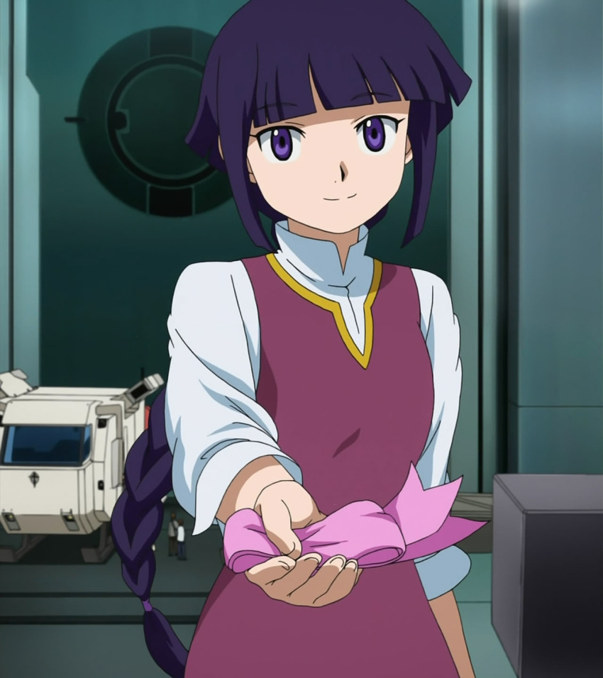 dress gundam gundam_age highres long_hair purple_eyes purple_hair ribbon screencap smile yurin_leciel