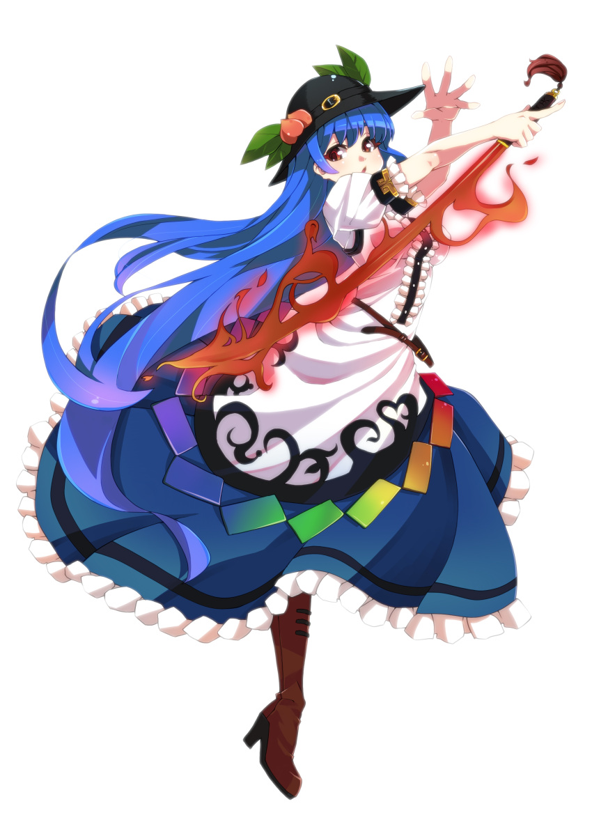 1girl absurdres aura belt boots flare food frills fruit full_body hat highres hinanawi_tenshi long_hair long_skirt makai peach prism simple_background skirt solo standing_on_one_leg sword sword_of_hisou touhou very_long_hair weapon