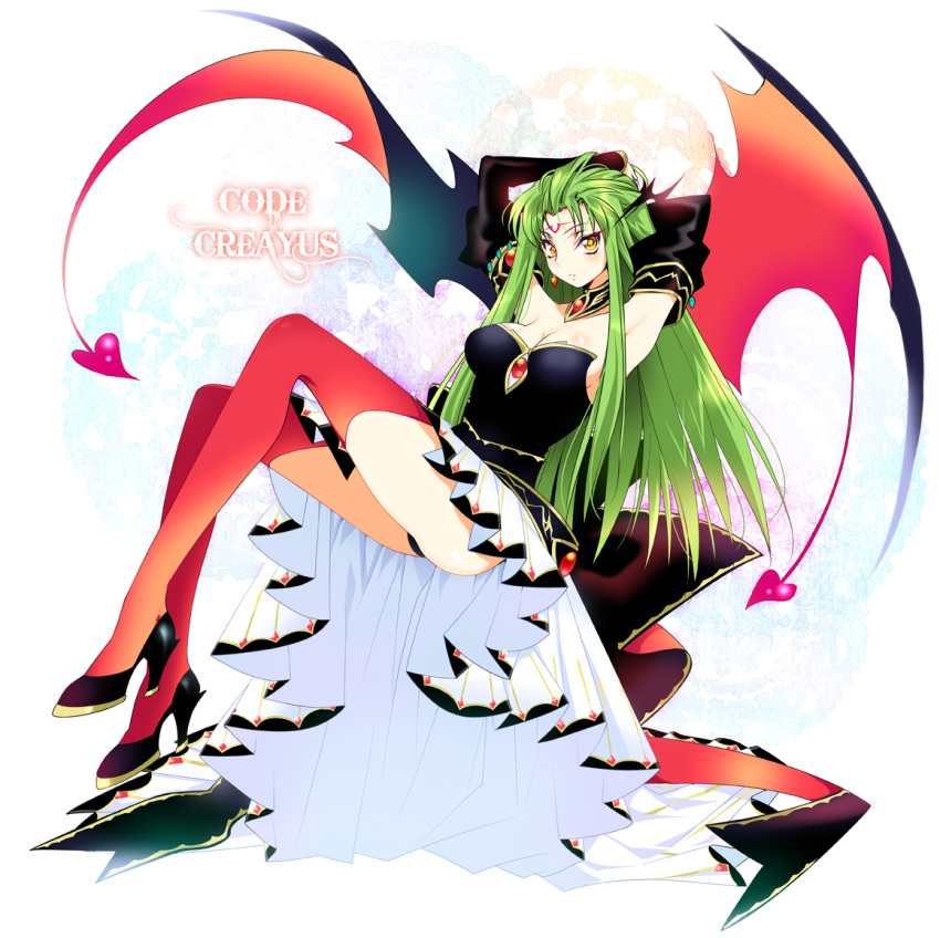 armpits ass blush breasts c.c. cleavage code_geass creayus detached_sleeves dress facial_mark forehead_mark green_hair heart high_heels jewelry legs long_hair shoes sigil solo thigh-highs thighhighs white_background wings yellow_eyes