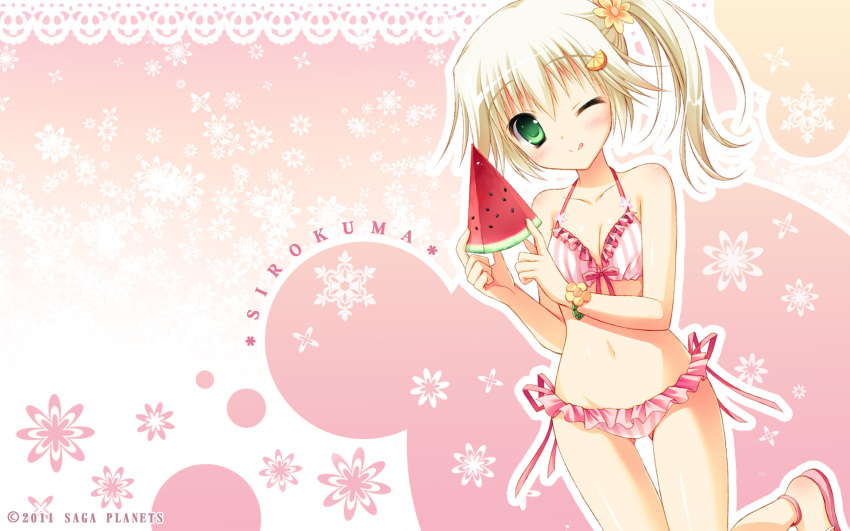 anklet bikini blonde_hair blush bracelet breasts character_name cleavage collarbone eyes flower food frilled_bikini frills front-tie_top fruit green green_eyes hair_ornament hatsuyuki_sakura highres hontani_kanae jewelry licking_lips light_smile moribe_(rabumanyo) navel official_art sandals shiny shiny_skin shirokuma shirokuma_(hatsuyuki_sakura) side-tie_bikini side_ponytail silver_hair striped striped_bikini striped_swimsuit stripes swimsuit thigh_gap tongue vertical-striped_bikini vertical_stripes watermelon wink