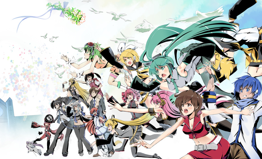 akita_neru balloon balloons bird birds bouquet church dove doves earmuffs flowers gumi hatsune_miku headphones hiyama_kiyoteru jumping kaai_yuki kagamine_len kagamine_rin kaito kamui_gakupo kasane_teto lily_(vocaloid) megurine_luka meiko miki_(vocaloid) nekomura_iroha running utau vocaloid wedding yokune_ruko yowane_haku