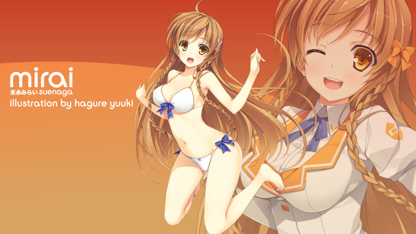 ahoge bikini brown_eyes brown_hair culture_japan hagure_yuuki hair_accessory highres long_hair mascot mirai_millennium open_mouth ribbon school_uniform seifuku suenaga_mirai swimsuit twin_braids wallpaper wink yuuki_hagure zoom_layer