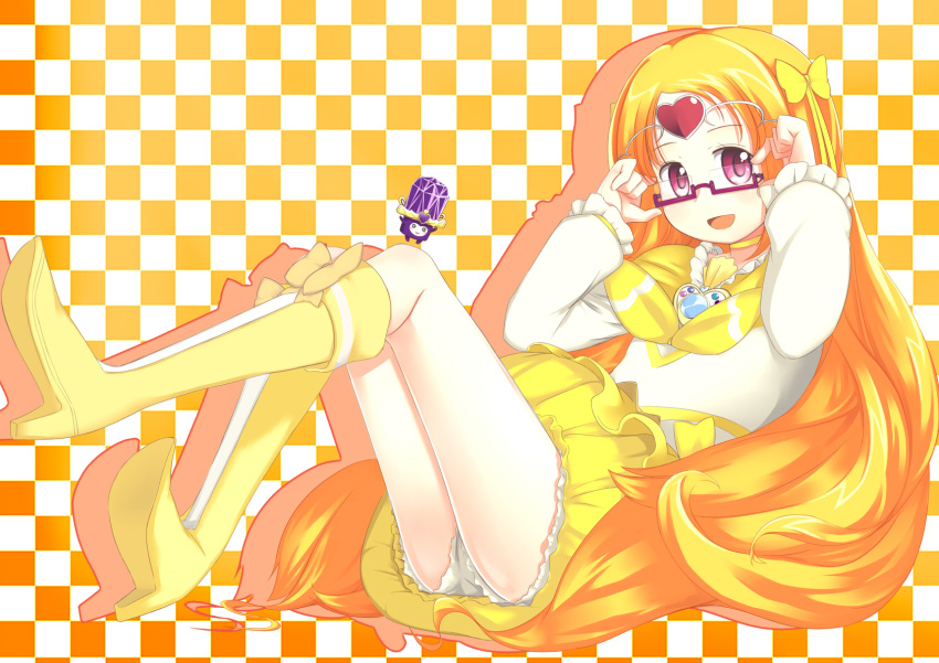 adjusting_glasses bespectacled blonde_hair boots bow brooch bubble_skirt checkered checkered_background choker circlet cure_muse cure_muse_(yellow) dress fairy_tone frills gathers gigokku glasses hair_bow heart highres jewelry long_hair magical_girl open_mouth panties precure red-framed_glasses red_eyes ruffles shirabe_ako smile solo suite_precure underwear very_long_hair yellow yellow_dress