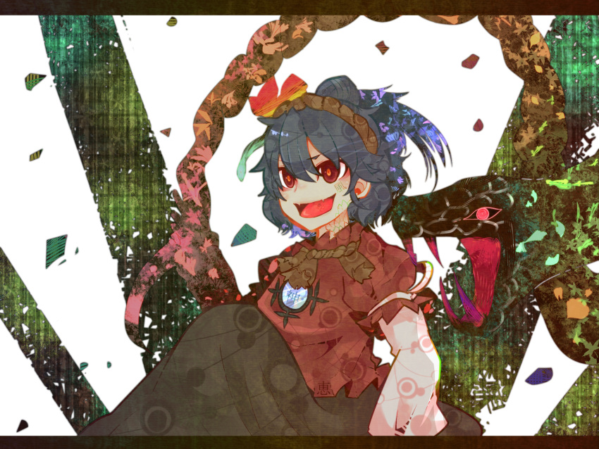 bad_id blue_hair fang hair_ornament highres letterboxed open_mouth red_eyes ringetsumon skirt smile solo touhou yasaka_kanako