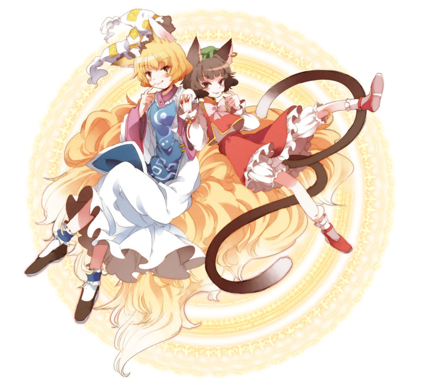 animal_ears blonde_hair bloomers brown_eyes brown_hair cat_ears cat_tail chachi_(azuzu) chen dress ear_piercing earrings finger_to_mouth fox_ears fox_tail hand_holding hat hat_removed hat_with_ears headwear_removed highres holding_hands jewelry multiple_girls multiple_tails nail_polish piercing shirt short_hair skirt skirt_set smile tabard tail touhou white_dress yakumo_ran yellow_eyes