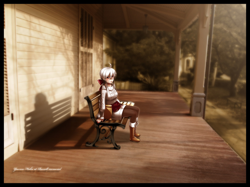 bag bench boots border bow caffein hair_bow highres pantyhose paper_bag photo_background ponytail purse red_eyes scenery sitting solo sweater vocaloid voyakiloid white_hair yowane_haku