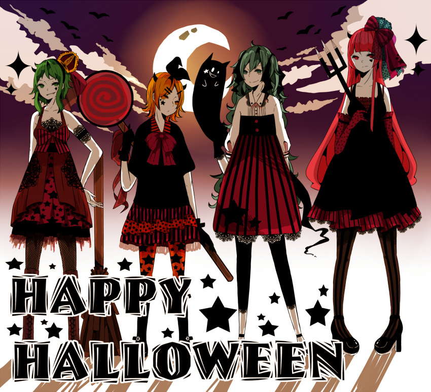 blonde_hair bow dress green_eyes green_hair gumi hair_bow hair_ornament hair_ribbon hairclip halloween happy_halloween hatsune_miku high_heels highres kagamine_rin leggings long_hair megurine_luka moon multiple_girls pantyhose pink_eyes pink_hair ribbon shoes smile striped striped_legwear twintails vocaloid yellow_eyes