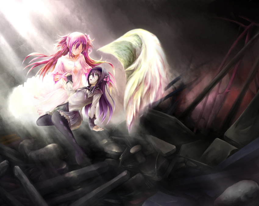 2girls akemi_homura angel artist_request black_hair closed-eyes dress eyes_closed goddess_madoka hair_bow hairband kaname_madoka long_hair magical_girl mahou_shoujo_madoka_magica open_mouth pink_hair purple_hair qjack skirt source_request twintails wings yuri