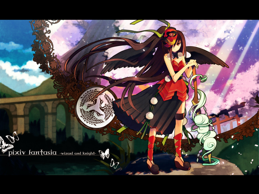 brown_hair cherry_blossoms dress hair_ribbon letterboxed long_hair mask pixiv_fantasia pixiv_fantasia_wizard_and_knight ribbon rugo solo wings