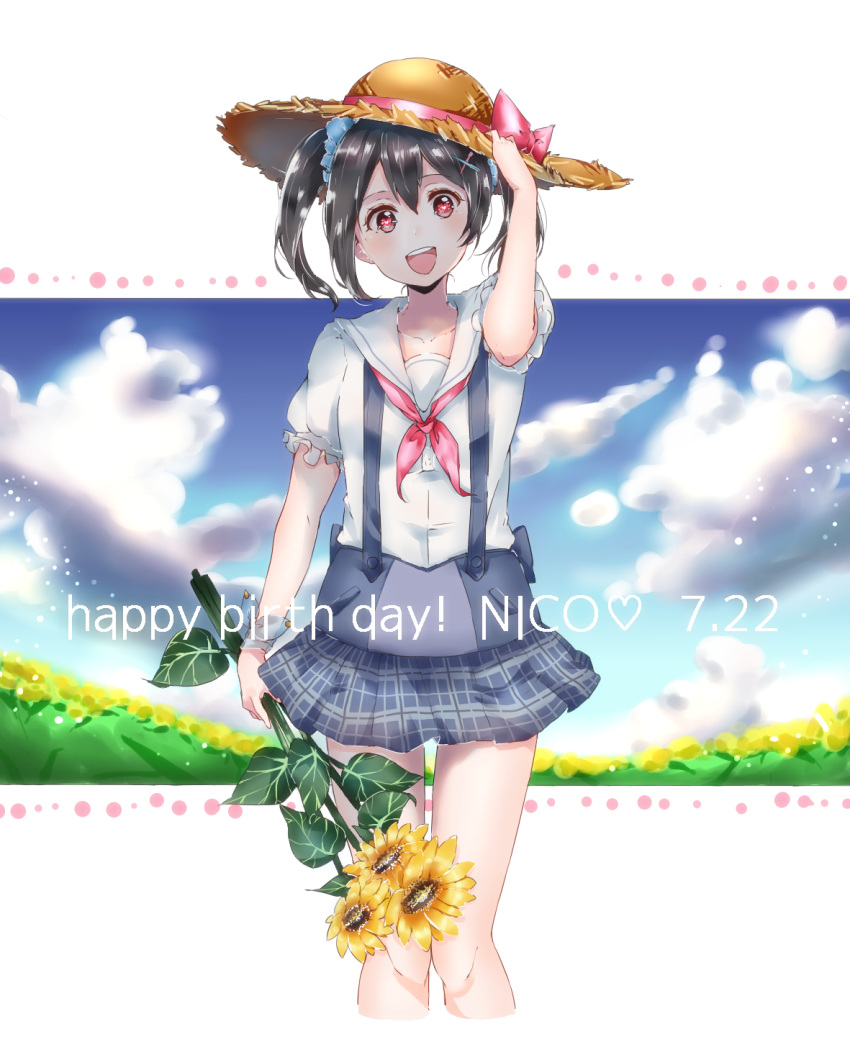 1girl black_hair commentary commentary_request flower hat highres kaisou_(0731waka) love_live! love_live!_school_idol_project overall_skirt red_eyes straw_hat sunflower yazawa_nico