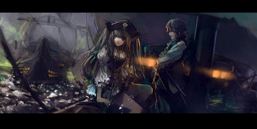 eyepatch hat hatsune_miku highres letterboxed long_hair night pirate pirate_hat sitting skull_and_crossbones very_long_hair vocaloid