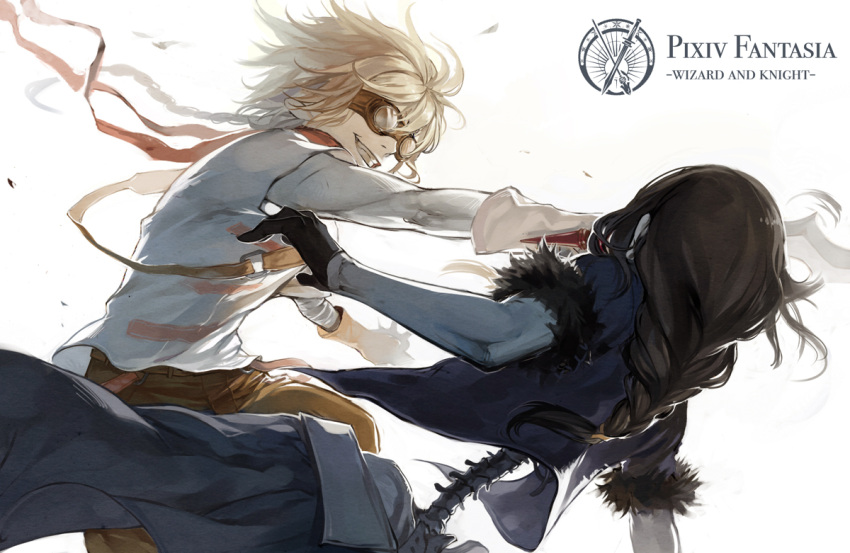 blonde_hair braid gloves goggles grin long_hair original pixiv_fantasia pixiv_fantasia_wizard_and_knight short_hair silverwing simple_background single_braid smile spine sword weapon white