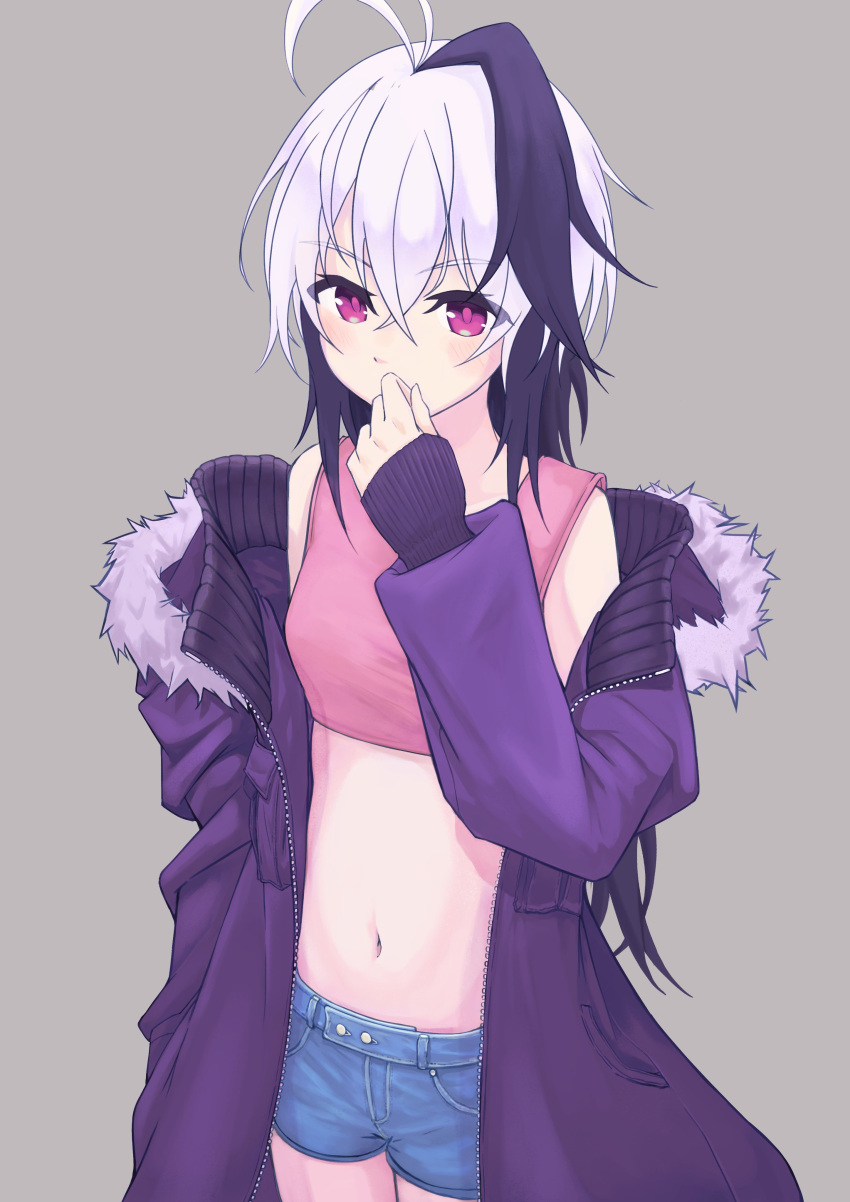 1girl absurdres abysyumi coat commentary covering_mouth cowboy_shot denim denim_shorts flower_(vocaloid) fur-trimmed_coat fur_trim gynoid_talk hand_over_own_mouth highres medium_hair midriff multicolored_hair navel purple_coat purple_hair ribbed_sleeves short_shorts shorts solo streaked_hair symbol_commentary tank_top v_flower_(gynoid_talk) v_flower_(vocaloid4) violet_eyes vocaloid white_hair