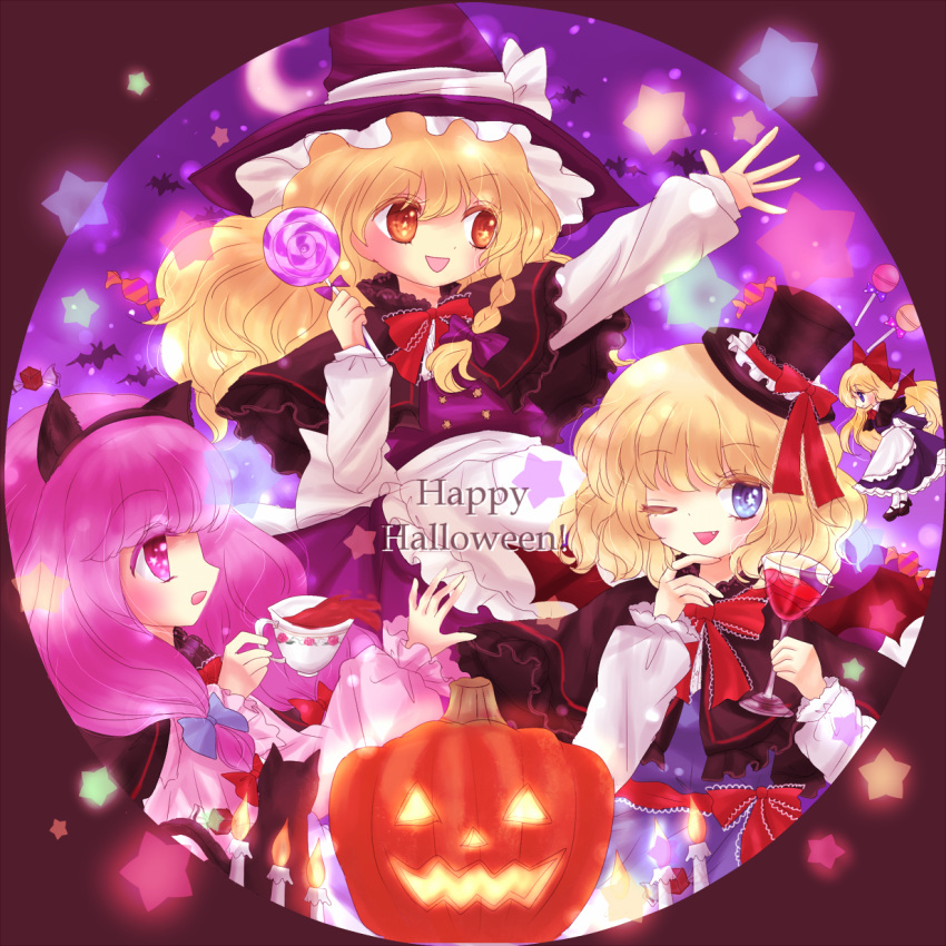 alice_margatroid animal_ears apron blonde_hair blue_eyes blush candy cape capelet cat cat_ears cup doll dress fang glass halloween happy_halloween hat highres jack-o'-lantern jack-o'-lantern kirisame_marisa lollipop long_hair multiple_girls no_hat no_headwear open_mouth patchouli_knowledge pumpkin purple_eyes purple_hair ribbon shanghai_doll short_hair skirt smile teacup touhou violet_eyes wink witch witch_hat yellow_eyes yuki_201