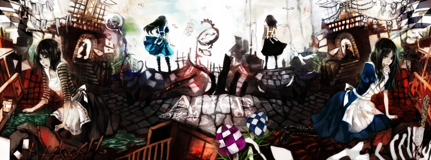 alice_(wonderland) alice_in_wonderland american_mcgee's_alice apron apt bird black_hair bow card cards chin_rest dress falling_card floating_card from_behind grass green_eyes highres kneeling knife long_hair multiple_persona mushroom playing_card standing striped tears ut_(apt)