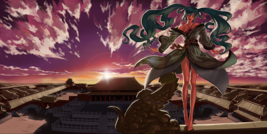 barefoot chinese_clothes closed_eyes eyes_closed feitie forbidden_city green_hair hatsune_miku highres japanese_clothes kimono landmark legs lens_flare long_hair open_mouth sky solo sunset twintails very_long_hair vocaloid
