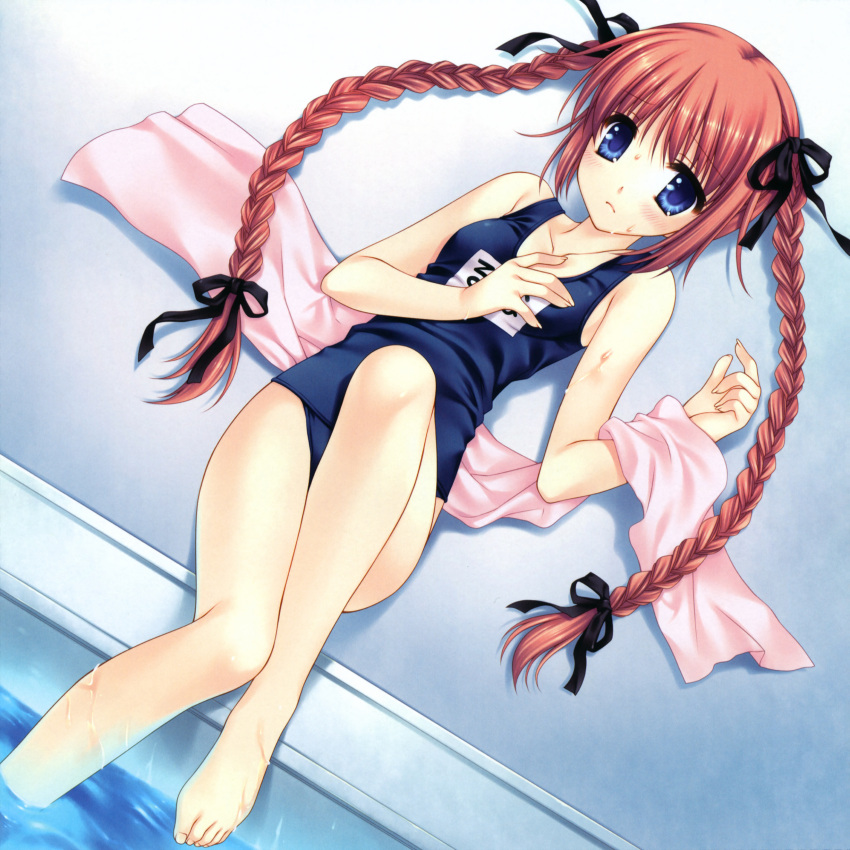 aquarian_age bare_legs barefoot blue_eyes blush braid brown_hair embarrassed feet hair_ribbon highres legs lying on_back one-piece_swimsuit ribbon scan school_swimsuit shy solo swimsuit tatekawa_mako towel twin_braids twintails wet