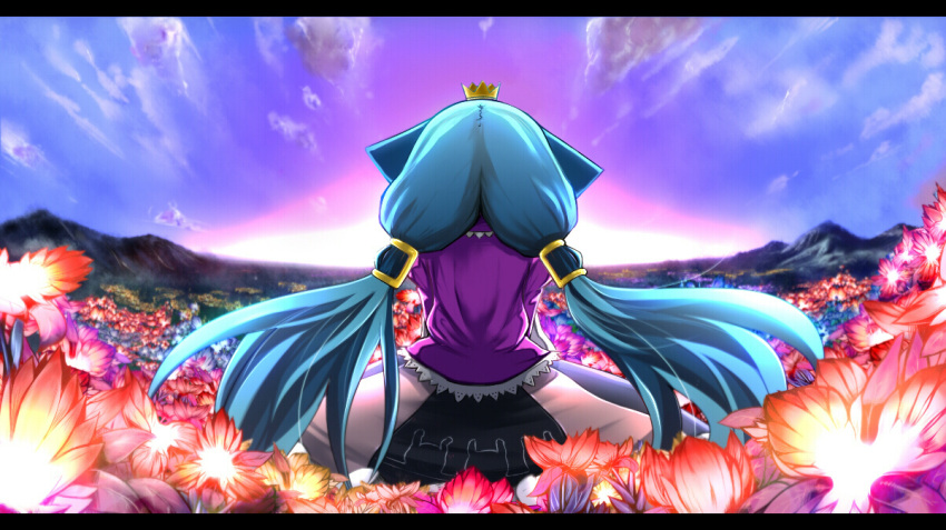 1girl 7th_dragon blue_hair clouds crown field flower flower_field from_behind horizon letterboxed long_hair mantarou_(shiawase_no_aoi_tori) mountain princess_(7th_dragon) scenery solo sunset twintails