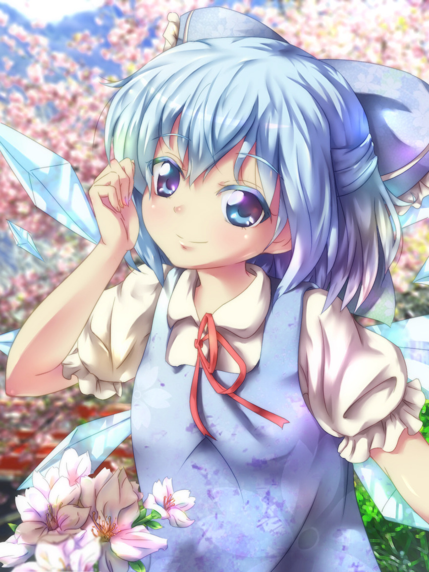 arm_up blue_dress blue_eyes blue_hair bow cirno dress face flower gpbeta hair_bow highres ice ice_wings looking_at_viewer ribbon short_hair solo touhou wings