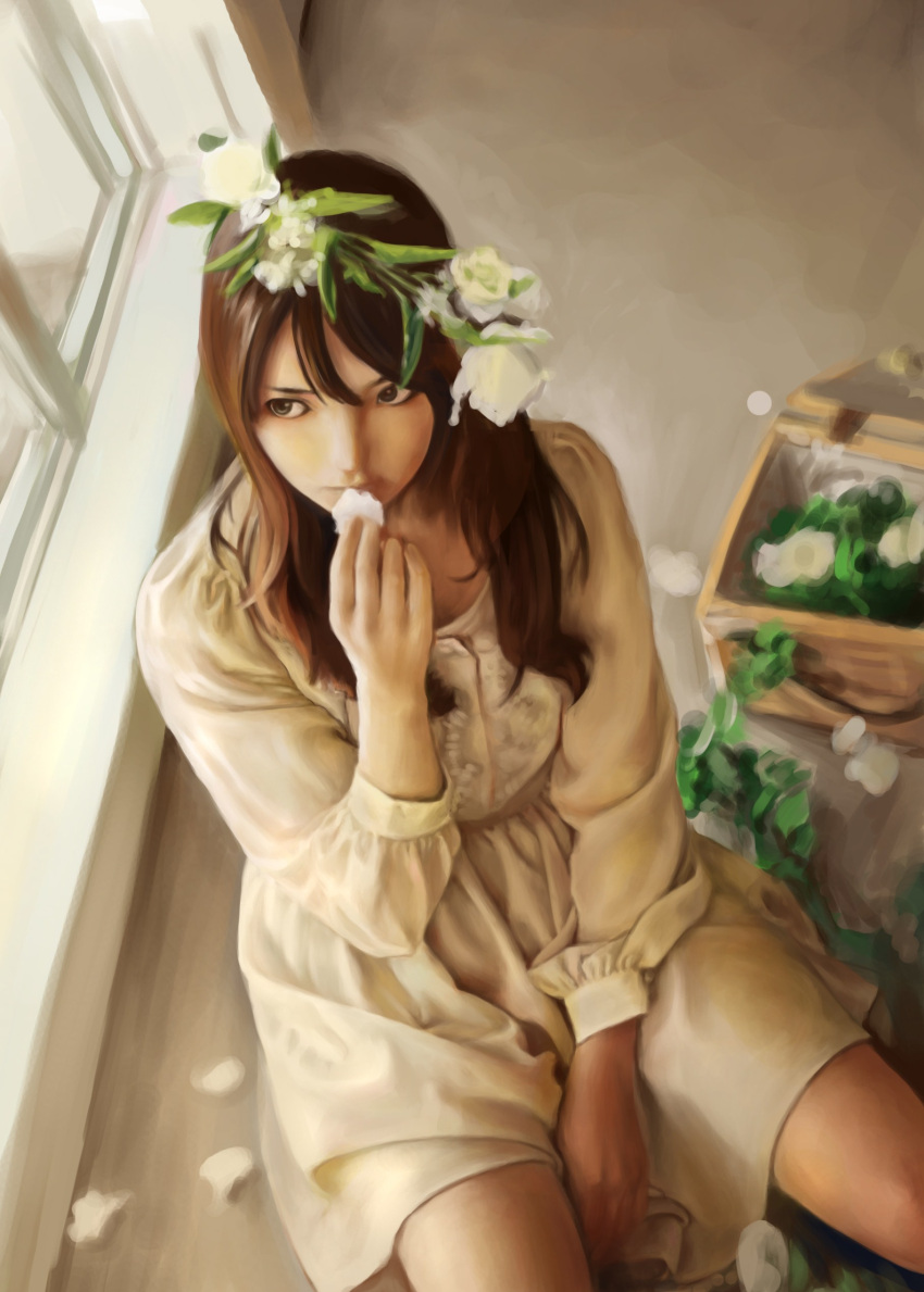 1girl artist_request black_eyes bou_sei box brown_eyes brown_hair dress female flower highres long_hair original petals realistic sitting solo window