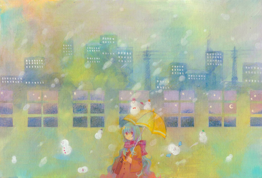 blue_hair coat colored_pencil_(medium) highres kumi_waka_asu original red_eyes scarf skyline snow snowman traditional_media umbrella