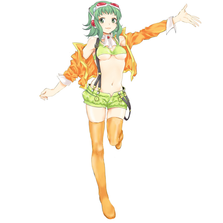 boots breasts goggles goggles_on_head green_eyes green_hair gumi headphones highres jacket kooki megpoid_(vocaloid3) midriff navel short_hair shorts simple_background smile solo suspenders thigh-highs thigh_boots thighhighs under_boob underboob vocaloid