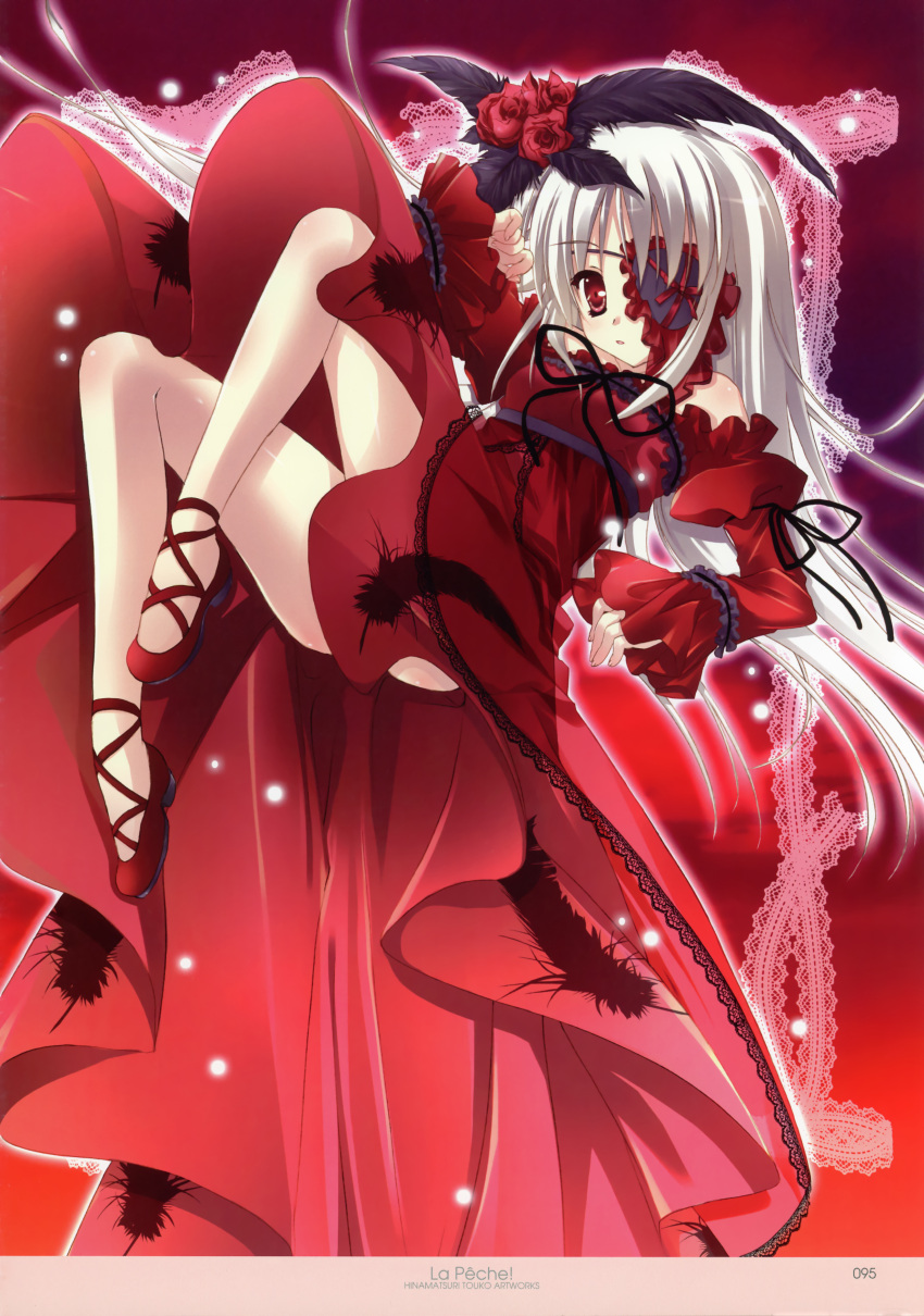 bare_shoulders detached_sleeves dress eyepatch feathers flower frills gathers hair_ornament highres hinamatsuri_touko lace legs light_particles lolita_fashion long_hair red_dress red_eyes red_rose reloaded_carmine rose ruffles sekaisen_logistia silver_hair solo